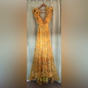 RUFFLE TIERED FLORAL CUT-OUT CHIFFON GOWN Lemon Multi Ieena for Mac Duggal